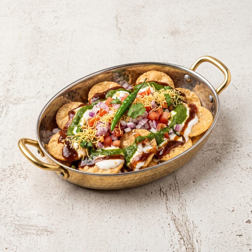 A golden metal serving dish filled with crispy flatbreads topped with sauces, diced vegetables, and a green chili.